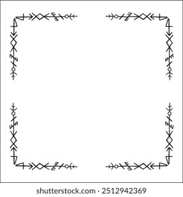 Quadro ornamental preto e branco elegante com runas viking, borda decorativa, cantos para cartões de saudação, banners, cartões de visita, convites, menus. Ilustração isolada de vetor.	
