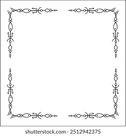 Quadro ornamental preto e branco elegante com runas viking, borda decorativa, cantos para cartões de saudação, banners, cartões de visita, convites, menus. Ilustração isolada de vetor.	
