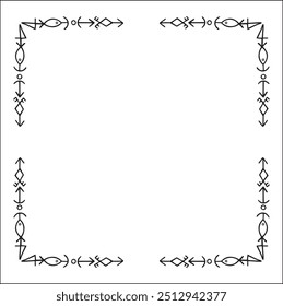 Quadro ornamental preto e branco elegante com runas viking, borda decorativa, cantos para cartões de saudação, banners, cartões de visita, convites, menus. Ilustração isolada de vetor.	
