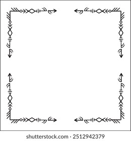 Quadro ornamental preto e branco elegante com runas viking, borda decorativa, cantos para cartões de saudação, banners, cartões de visita, convites, menus. Ilustração isolada de vetor.	
