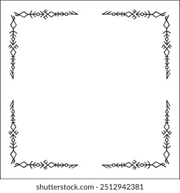 Quadro ornamental preto e branco elegante com runas viking, borda decorativa, cantos para cartões de saudação, banners, cartões de visita, convites, menus. Ilustração isolada de vetor.	
