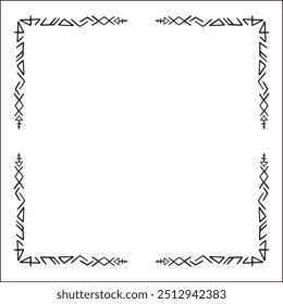 Quadro ornamental preto e branco elegante com runas viking, borda decorativa, cantos para cartões de saudação, banners, cartões de visita, convites, menus. Ilustração isolada de vetor.	
