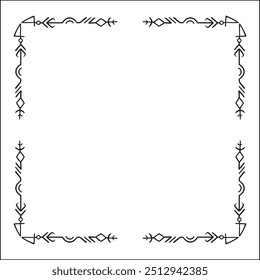 Quadro ornamental preto e branco elegante com runas viking, borda decorativa, cantos para cartões de saudação, banners, cartões de visita, convites, menus. Ilustração isolada de vetor.	
