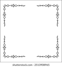 Quadro ornamental preto e branco elegante com runas viking, borda decorativa, cantos para cartões de saudação, banners, cartões de visita, convites, menus. Ilustração isolada de vetor.	
