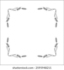 Elegant black and white ornamental frame with cereal spikelets, cereal ears, decorative border, corners for greeting cards, banners, business cards, invitations, menus. Isolated vector illustration.	
