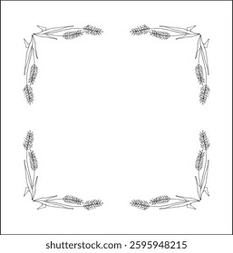 Elegant black and white ornamental frame with cereal spikelets, cereal ears, decorative border, corners for greeting cards, banners, business cards, invitations, menus. Isolated vector illustration.	
