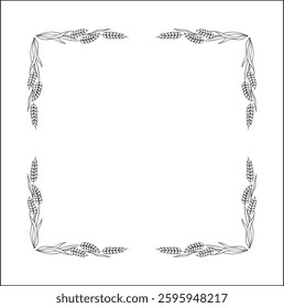 Elegant black and white ornamental frame with cereal spikelets, cereal ears, decorative border, corners for greeting cards, banners, business cards, invitations, menus. Isolated vector illustration.	
