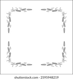 Elegant black and white ornamental frame with cereal spikelets, cereal ears, decorative border, corners for greeting cards, banners, business cards, invitations, menus. Isolated vector illustration.	
