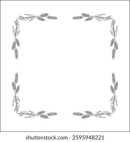 Elegant black and white ornamental frame with cereal spikelets, cereal ears, decorative border, corners for greeting cards, banners, business cards, invitations, menus. Isolated vector illustration.	
