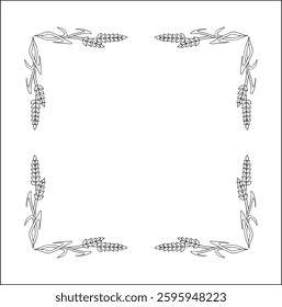 Elegant black and white ornamental frame with cereal spikelets, cereal ears, decorative border, corners for greeting cards, banners, business cards, invitations, menus. Isolated vector illustration.	
