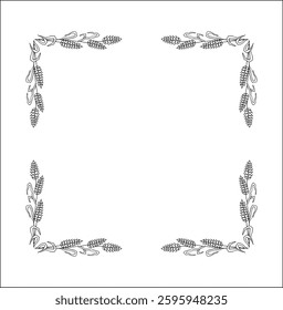 Elegant black and white ornamental frame with cereal spikelets, cereal ears, decorative border, corners for greeting cards, banners, business cards, invitations, menus. Isolated vector illustration.	
