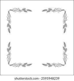 Elegant black and white ornamental frame with cereal spikelets, cereal ears, decorative border, corners for greeting cards, banners, business cards, invitations, menus. Isolated vector illustration.	
