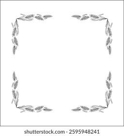 Elegant black and white ornamental frame with cereal spikelets, cereal ears, decorative border, corners for greeting cards, banners, business cards, invitations, menus. Isolated vector illustration.	
