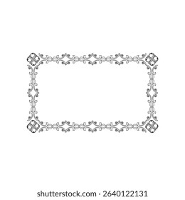An elegant black and white ornamental frame with intricate scroll-work and symmetrical flourishes, perfect for decorative borders or invitations