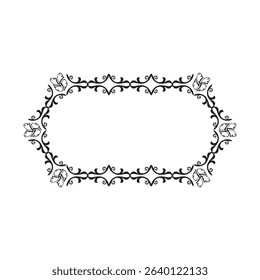 An elegant black and white ornamental frame with intricate scroll-work and symmetrical flourishes, perfect for decorative borders or invitations