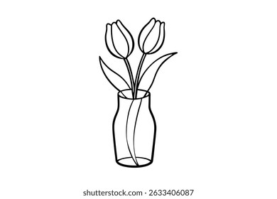 Elegant black and white outline illustration of tulips in a glass vase on a white background