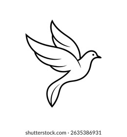 Elegant black and white outline illustration of a flying dove symbolizing peace and freedom