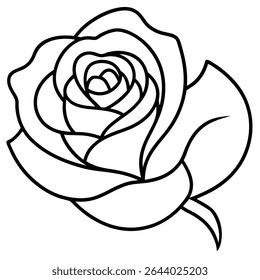 Elegant black and white outline illustration featuring a single, beautiful rose flower. This detailed floral vector showcases a delicate bloom