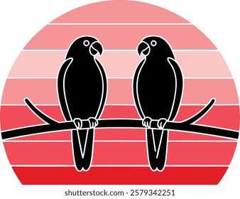 Elegant Black and White Parrot Couple on Branch Vector Illustration