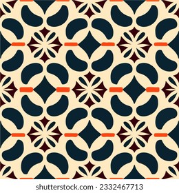 Elegant black and white pattern adorned with vibrant orange accents. It features intricate art nouveau elements with a touch of art deco influence, reminiscent of a captivating floor pattern.