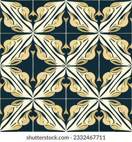 Elegant black and white pattern with captivating gold accents, reminiscent of art nouveau floor patterns and azulejo designs.