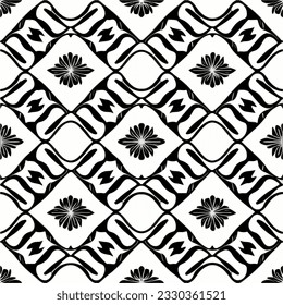 Elegant black and white pattern featuring beautifully arranged flowers, reminiscent of the stylish art deco era with a touch of darkness.