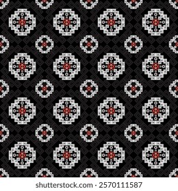 Elegant black and white pattern with vibrant red and white flowers, perfect for digital graphics, print media, invitations, and branding materials. High-quality vector for versatile use.