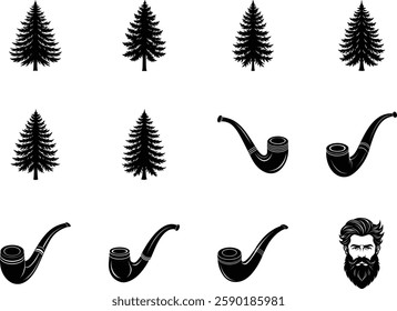 Elegant Black and White Pine Tree and Smoking Pipe Design Set