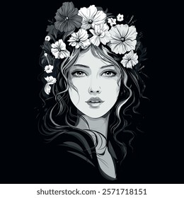 elegant black and white portrait of a young woman wearing a wreath in art nouveau style, hand drawn illustration