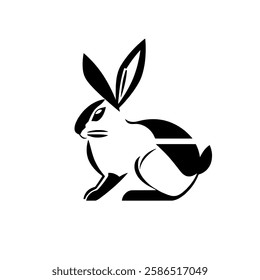 Elegant Black and White Rabbit Illustration, Nature Wildlife Graphic Design, Vector Icon, Stylish Animal Art