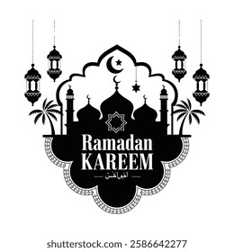 Elegant Black and White Ramadan Kareem Design with Mosque and Lanterns