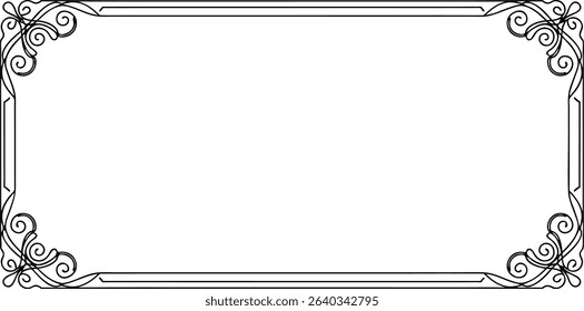 Elegant black and white rectangular frame with ornate swirl corner decorations for design use