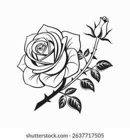 Elegant Black and White Rose with Bud and Leaves - Outline Rose