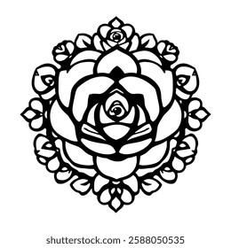 Elegant Black and White Rose Design: Vintage Floral Illustration, Symmetrical Pattern, Botanical Art, Graphic Ornament