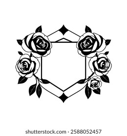 Elegant Black and White Rose Frame: Geometric Floral Design, Vintage Botanical Illustration, Classic Art, Stylish Decor, Perfect for invitations, cards and more!