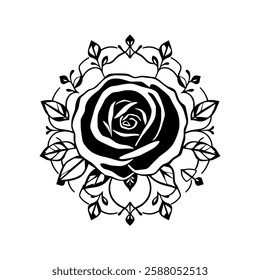 Elegant Black and White Rose Mandala: Ornate Floral Design, Vintage Tattoo Art, Botanical Illustration