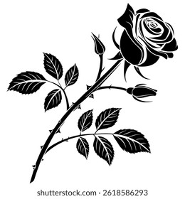 Elegante preto e branco Rose Vetor - Ícone de Silhueta Floral Minimalista