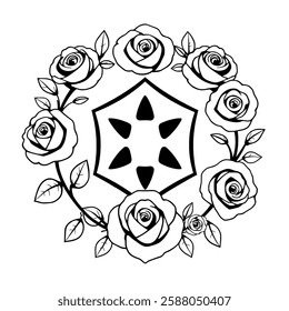 Elegant Black and White Rose Wreath with Geometric Centerpiece: A Vintage Floral Design