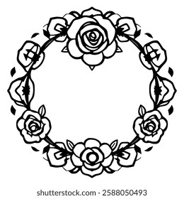 Elegant Black and White Rose Wreath Frame: Perfect for Vintage, Romantic, or Wedding Designs. A Classic Floral Circle Border Illustration.