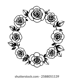 Elegant Black and White Rose Wreath: Floral Circle Frame for Vintage Design, Romantic Decoration, Wedding Invitation, Classic Border, and Nature Illustration