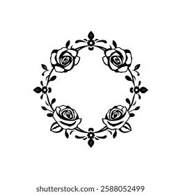 Elegant Black and White Rose Wreath Frame: Vintage Floral Design, Romantic Circle Border, Decorative Art, Wedding Symbol, Classic Pattern, Graphic Illustration
