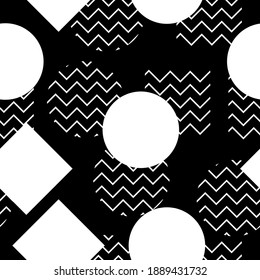 Elegante patrón impecable en blanco y negro con círculos, cuadrados y líneas de zigzag. adecuado para patrones de moda, antecedentes, etc.