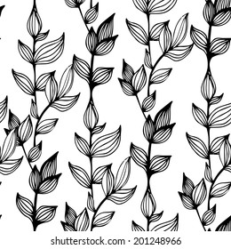 Elegant black and white seamless pattern with floral elements and leaves