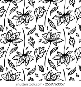 Elegant black and white seamless pattern with hand drawn botanical elements, including flowers and leaves, designed as linear vector art for prints, textiles, wallpaper, packaging, and covers