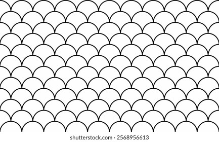 Elegant black and white seamless pattern featuring overlapping semicircles, creating a fish scale or wave-like design.