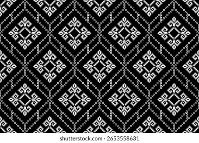 Elegant black and white seamless pattern. Features intricate ethnic pixelated diamond motifs. Ideal for tribal textiles, fashion, and sophisticated digital backgrounds. Perfect for fabric printing.
