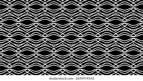 Elegant black and white seamless pattern with symmetrical flowing lines and wave-like structure.