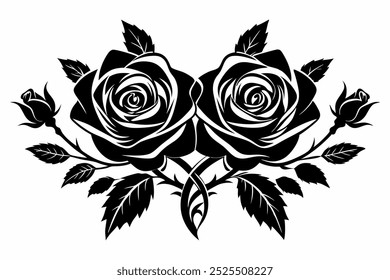 Silhueta elegante preto e branco de rosas florescentes com folhas intrincadas e espinhos na composição floral clássica