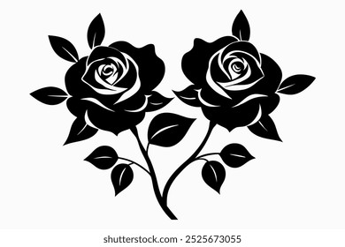 Silhueta elegante preto e branco de rosas florescentes com folhas intrincadas e espinhos na composição floral clássica