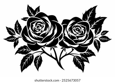 Silhueta elegante preto e branco de rosas florescentes com folhas intrincadas e espinhos na composição floral clássica